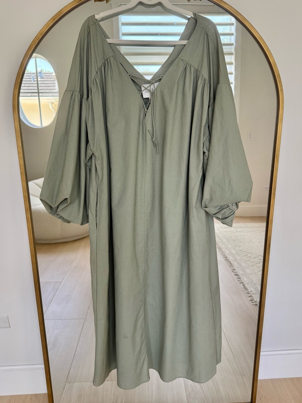 Anthropologie Mare Mare Linen Blend Bubble Sleeve Lace Up Midi Dress 1X - Picture 4 of 7